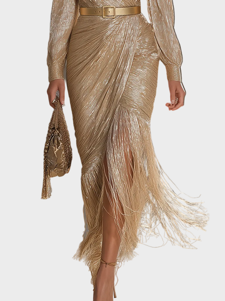 Jollie | Maxi Abito Elegante e Raffinato in Colore Champagne con Scollatura a V, Frange e Luccichio