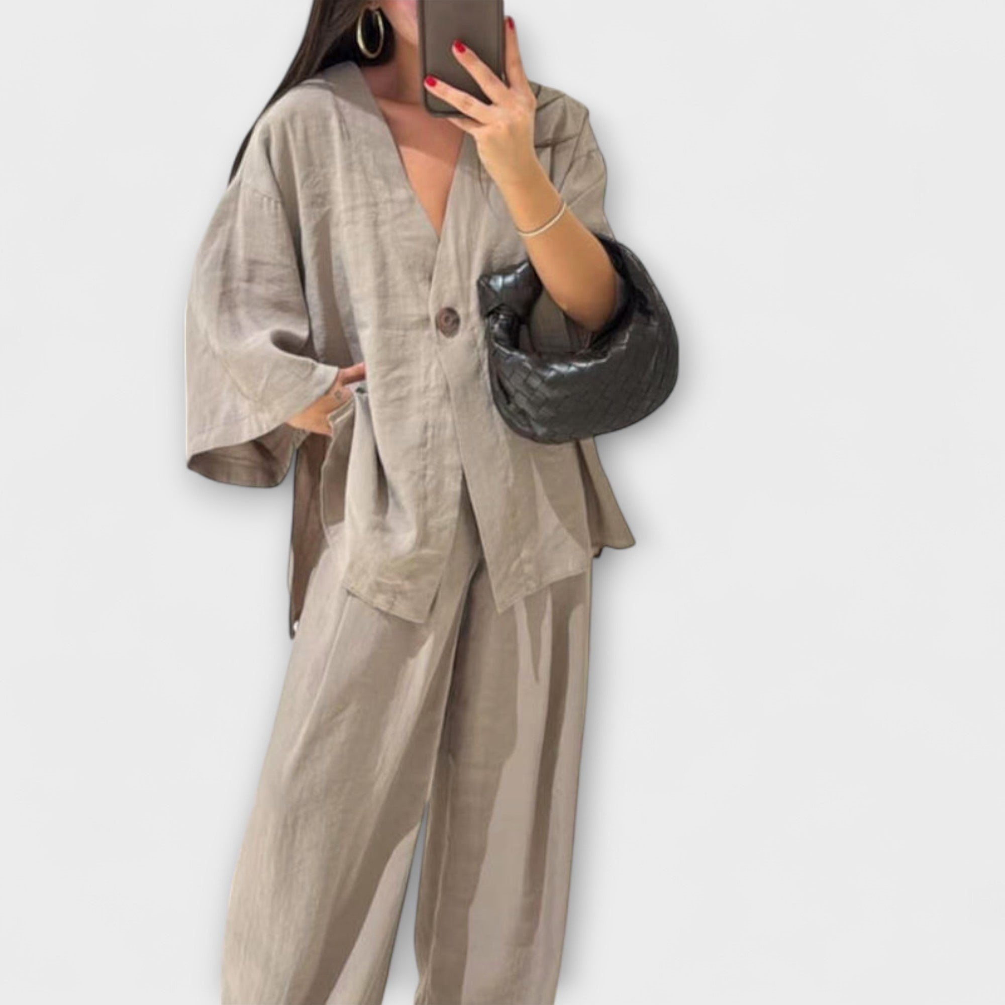 Jacqueline - Top casual con scollo a V e pantaloni coordinati