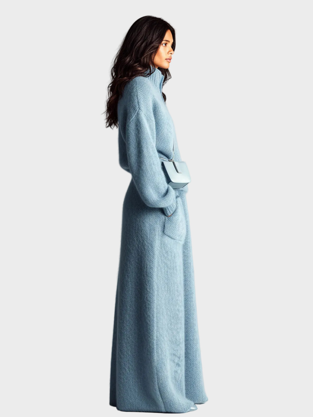 Rosie - Set elegante blu in due pezzi con maglione a collo alto, scollatura a V, maniche lunghe e linea morbida, e gonna maxi con tasca e lavorazione pelosa