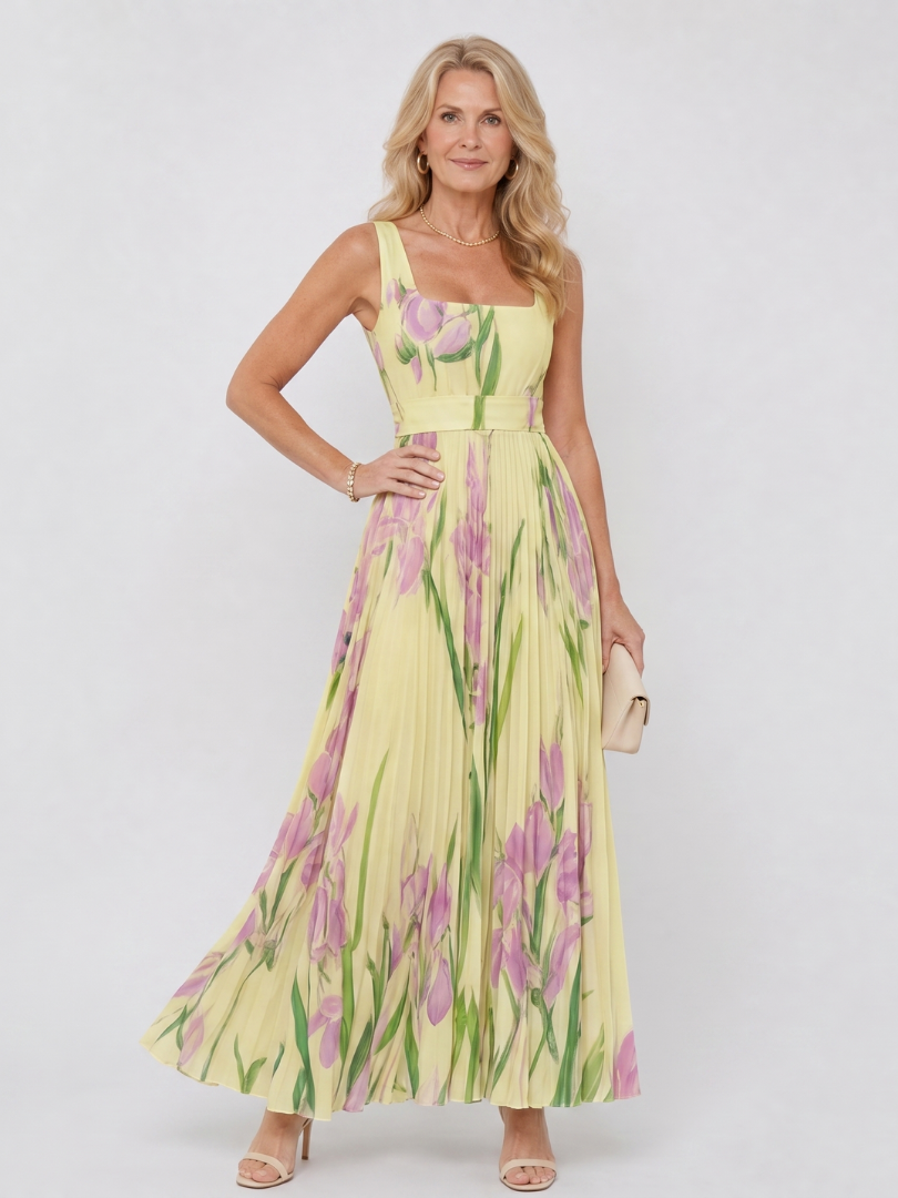 Oriana | Vestito midi senza maniche con scollo quadrato e pieghe
