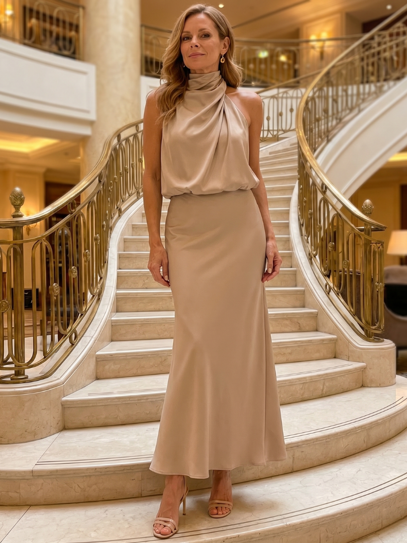 Nopal | Vestito Midi Senza Maniche con Collo Drappeggiato