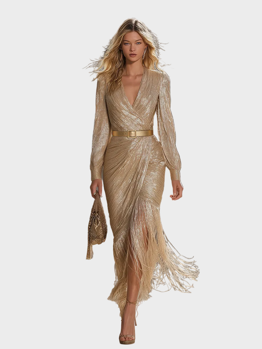 Jollie | Maxi Abito Elegante e Raffinato in Colore Champagne con Scollatura a V, Frange e Luccichio