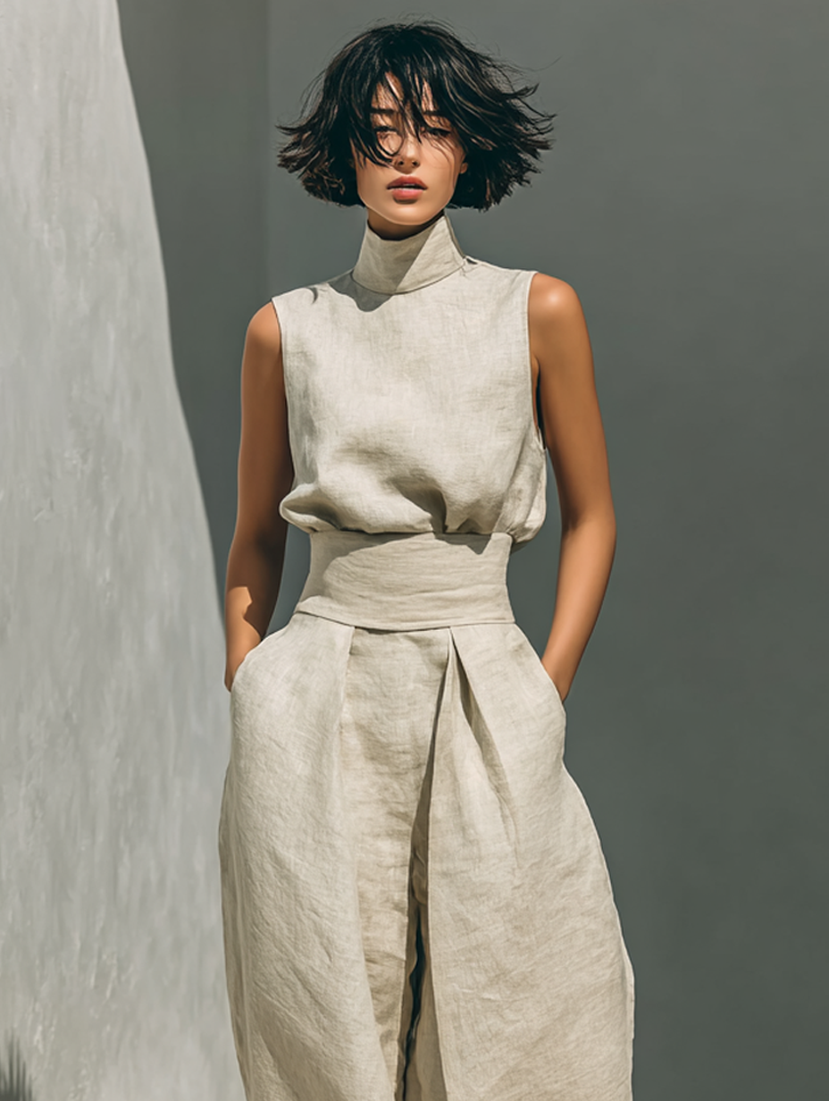 Maria | Set Minimal con Top e Pantaloni Larghi in Cotone e Lino