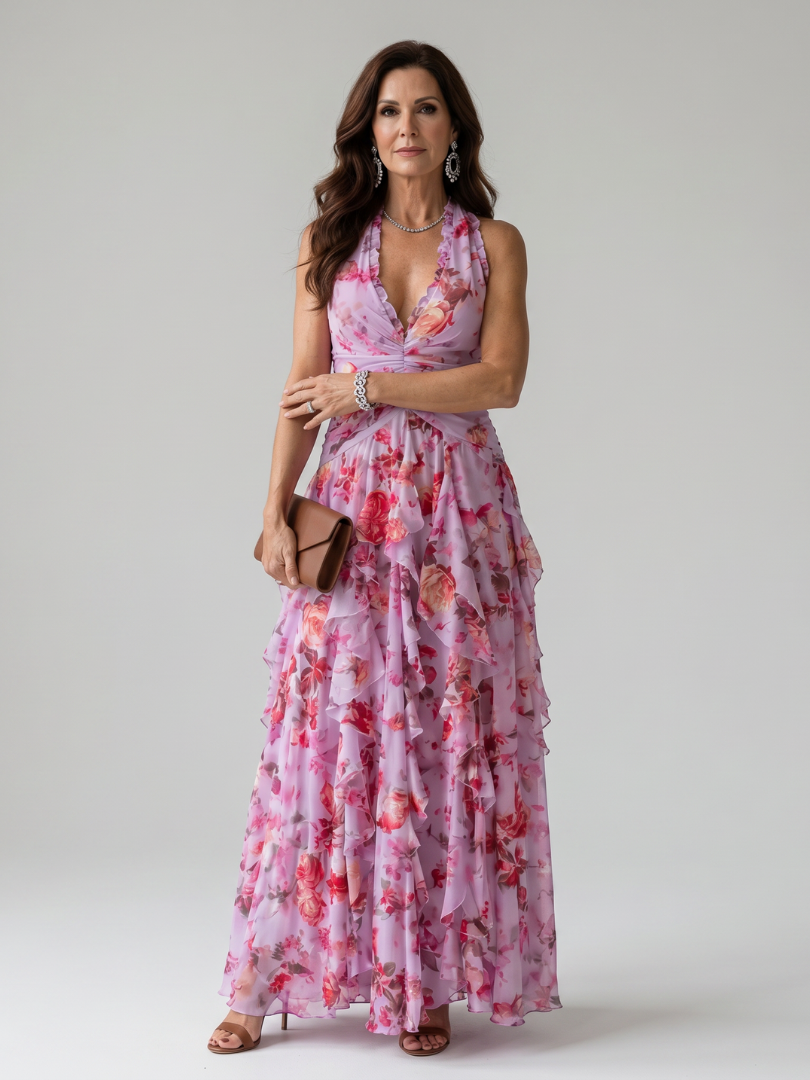 Nori | Abito Maxi Floreale con Scollo All'Americana e Corpetto Arricciato