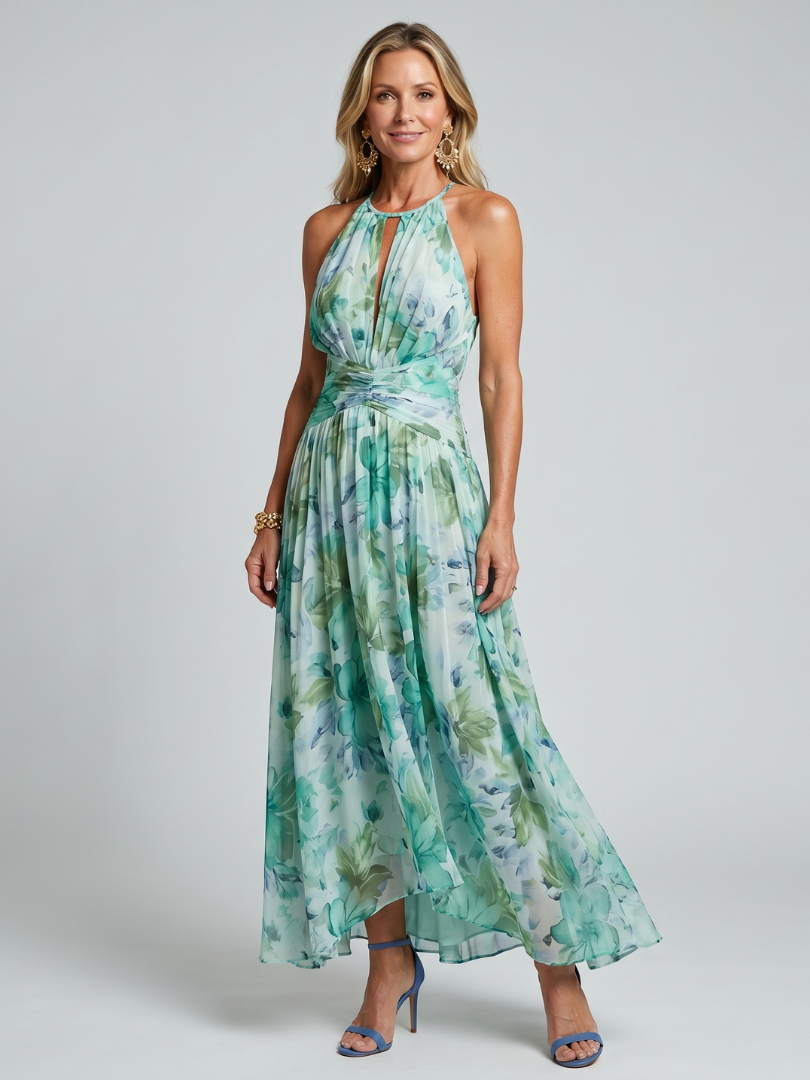 Portia | Vestito midi con collo halter plissettato e stampa floreale