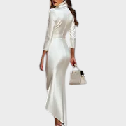 Blanca | Abito da Donna Bianco in Satin con Scollatura a V e Maniche 3/4, Giacca Bodycon Maxi Alto-Basso