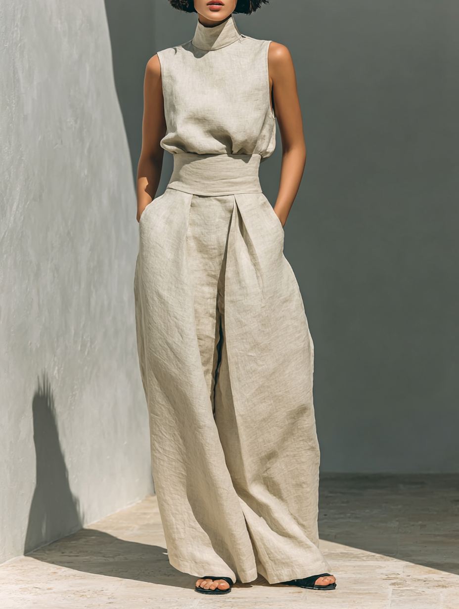 Maria | Set Minimal con Top e Pantaloni Larghi in Cotone e Lino