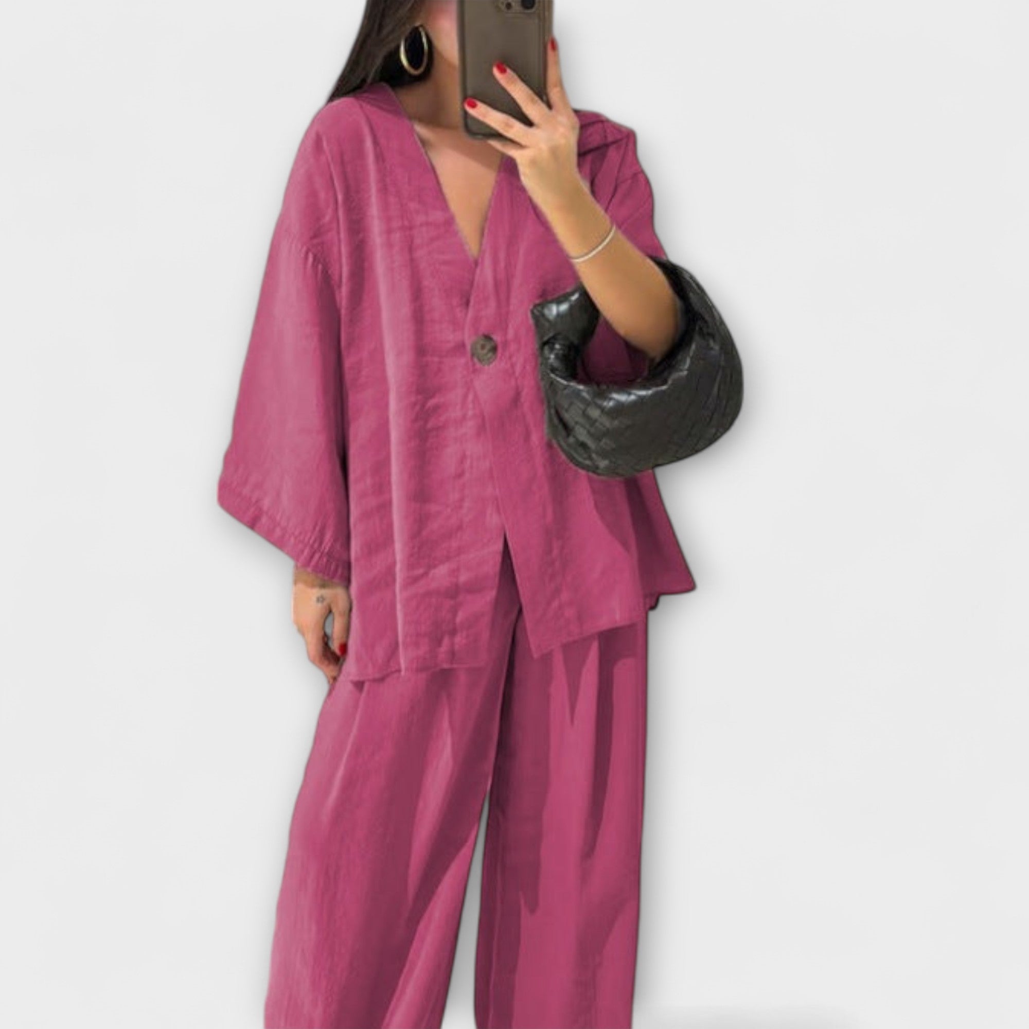 Jacqueline - Top casual con scollo a V e pantaloni coordinati
