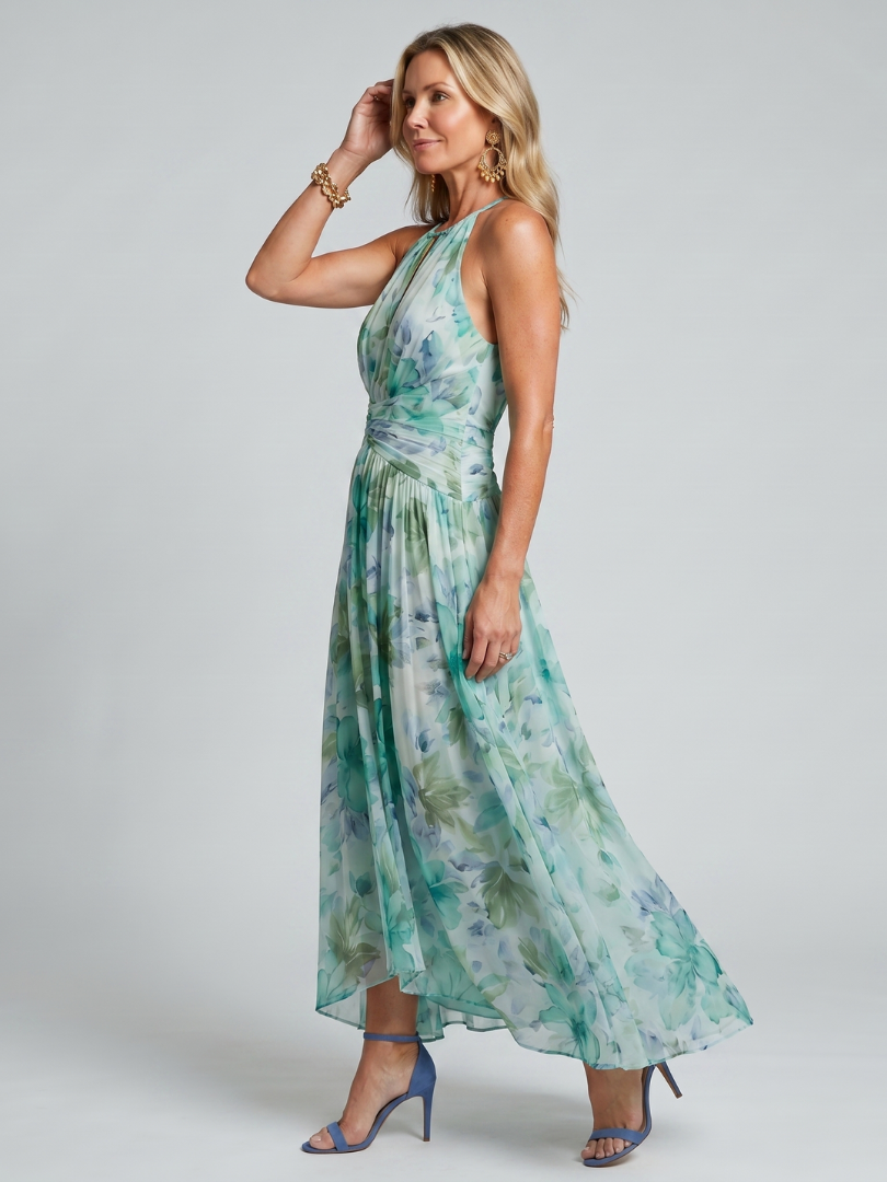 Portia | Vestito midi con collo halter plissettato e stampa floreale