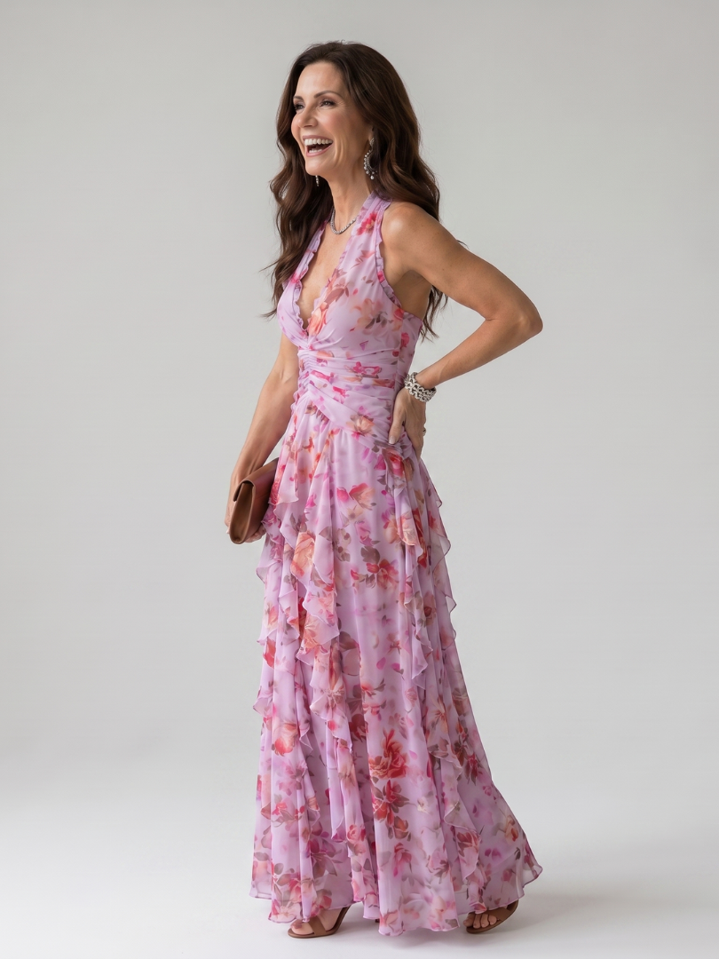 Nori | Abito Maxi Floreale con Scollo All'Americana e Corpetto Arricciato