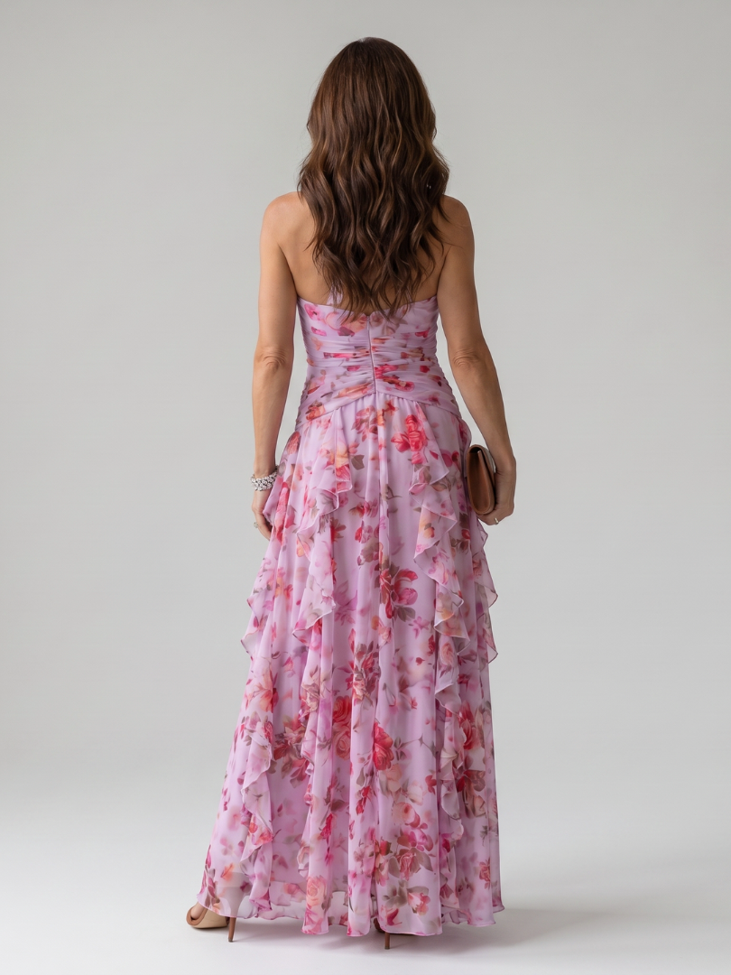 Nori | Abito Maxi Floreale con Scollo All'Americana e Corpetto Arricciato