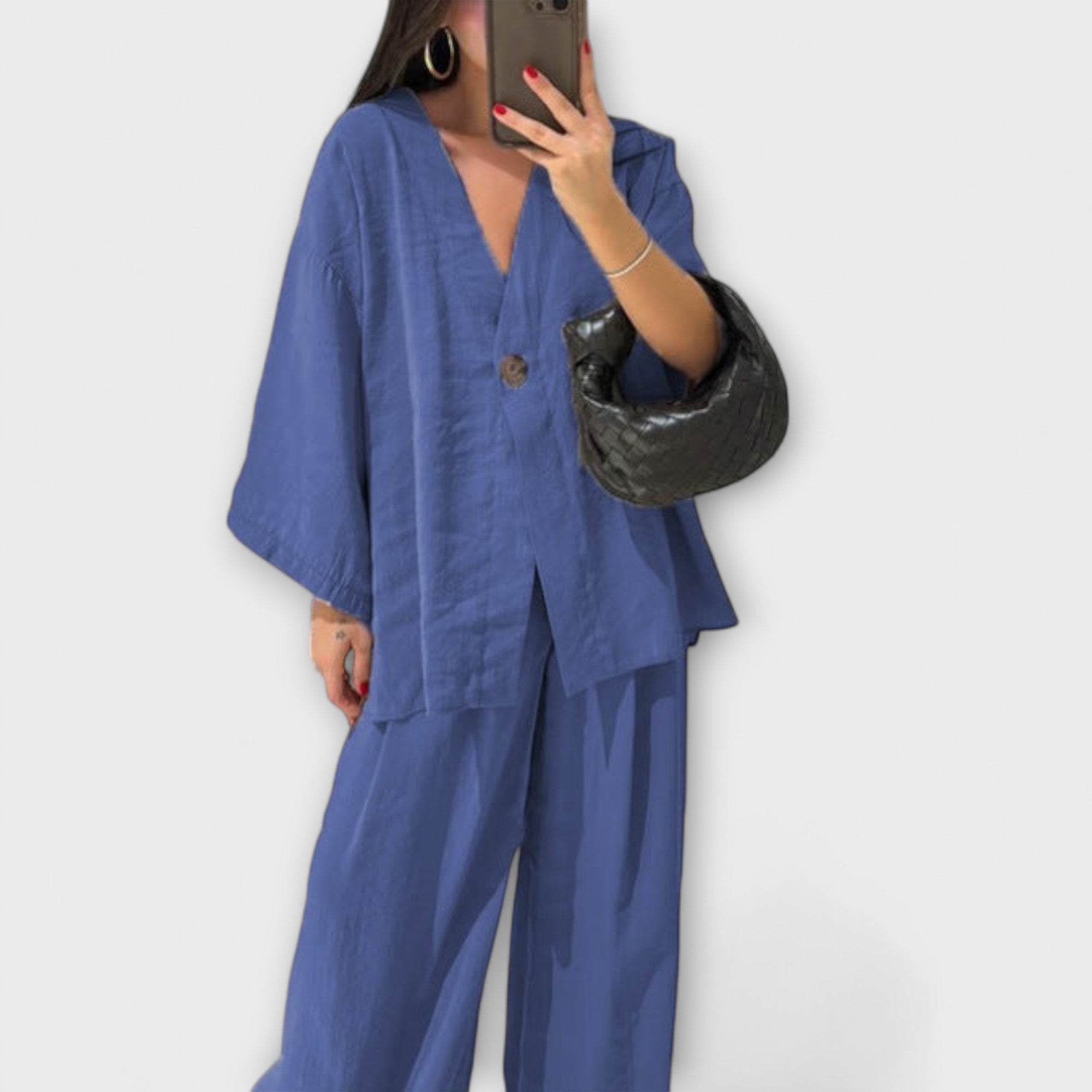 Jacqueline - Top casual con scollo a V e pantaloni coordinati