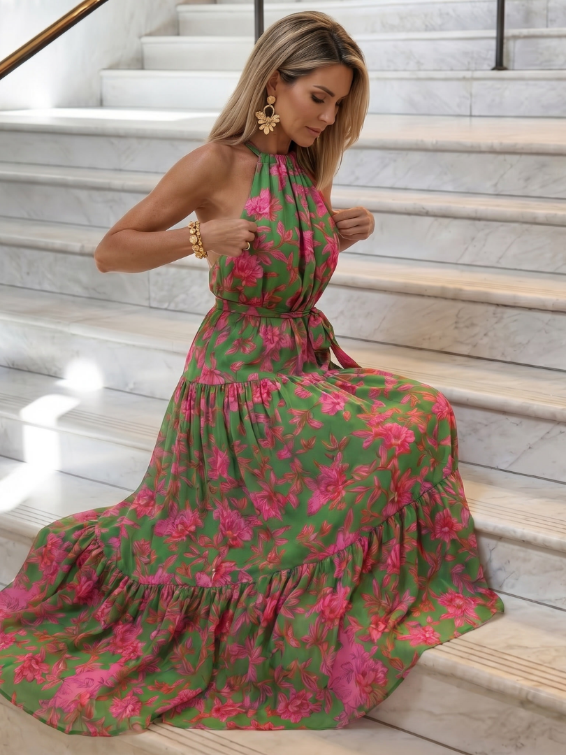 Rosa | Abito midi drappeggiato con scollo halter