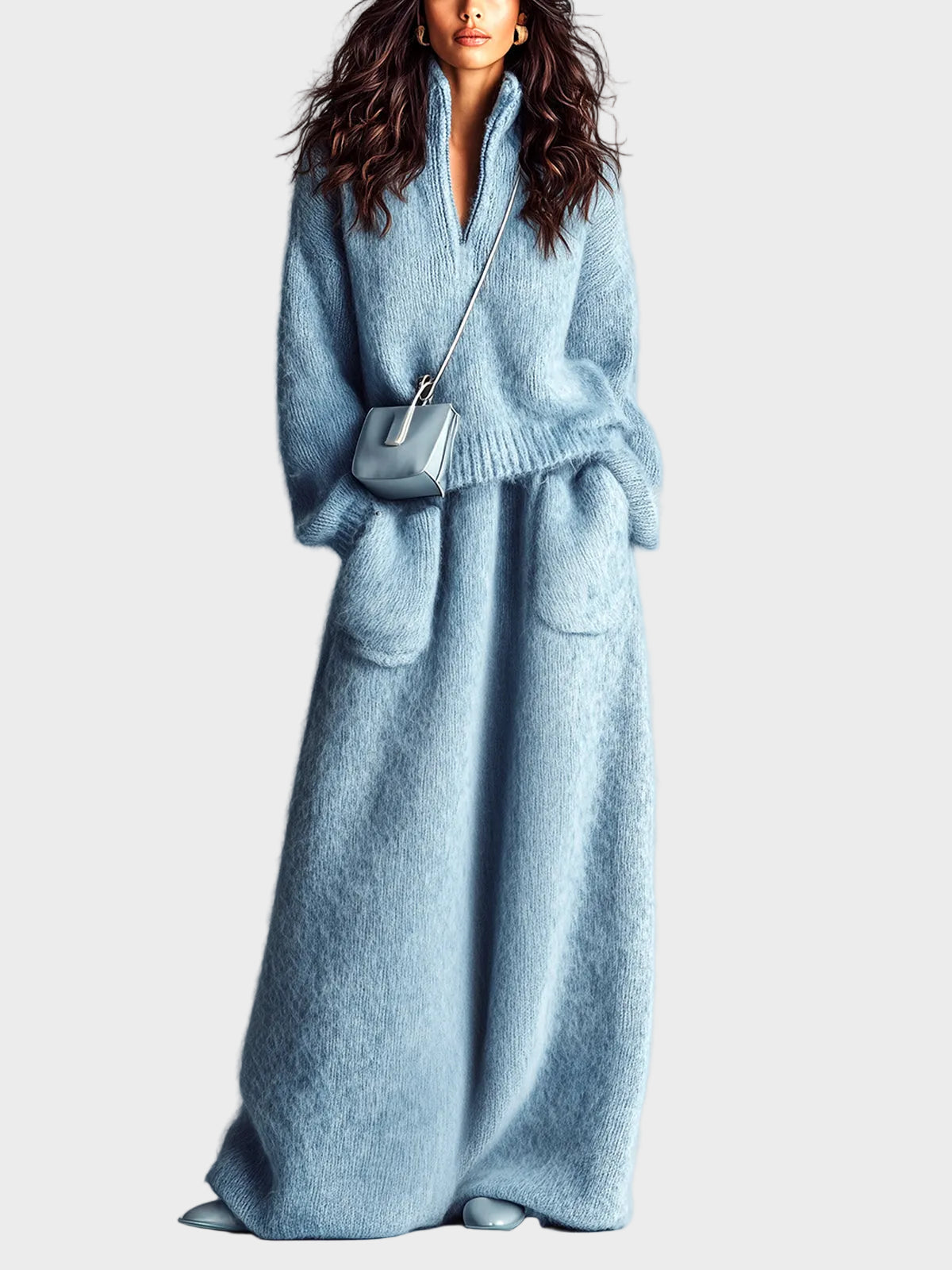 Rosie - Set elegante blu in due pezzi con maglione a collo alto, scollatura a V, maniche lunghe e linea morbida, e gonna maxi con tasca e lavorazione pelosa