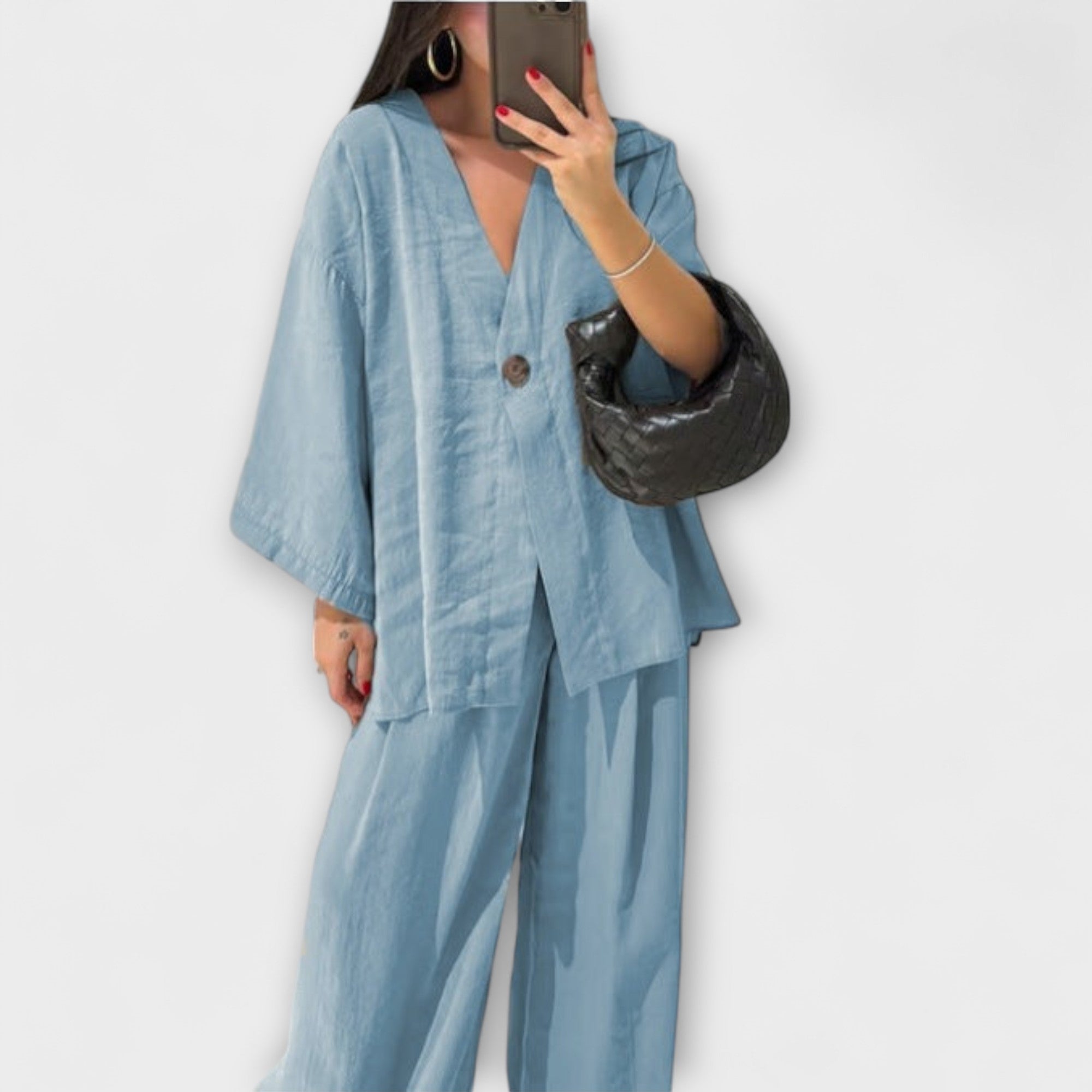 Jacqueline - Top casual con scollo a V e pantaloni coordinati