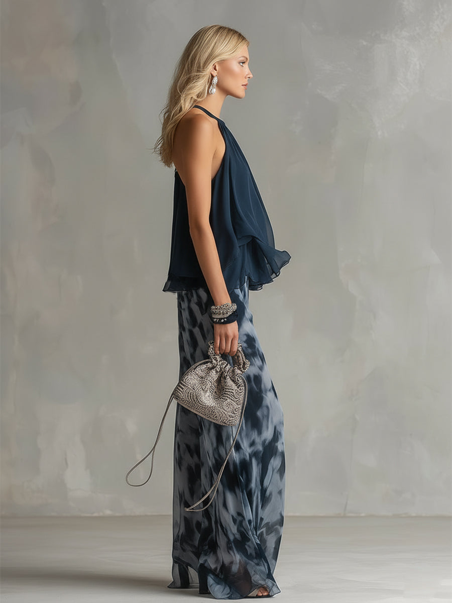 Ludovica | Set Elegante in Chiffon con Top a Collo Alto e Pantaloni Larghi con Stampa
