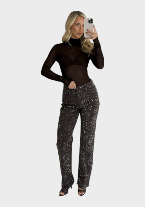 Celeste | Jeans con Gamba Dritta e Brillanti con Strass in Cioccolato