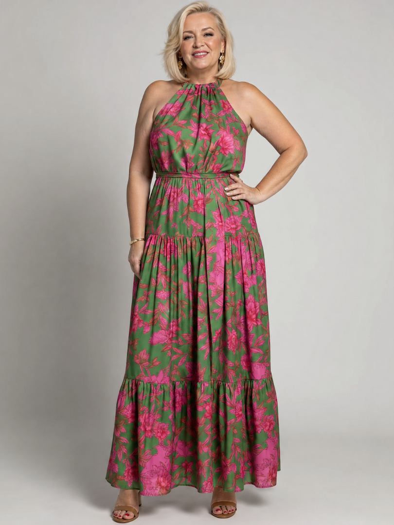 Rosa | Abito midi drappeggiato con scollo halter