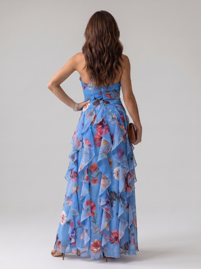 Nori | Abito Maxi Floreale con Scollo All'Americana e Corpetto Arricciato