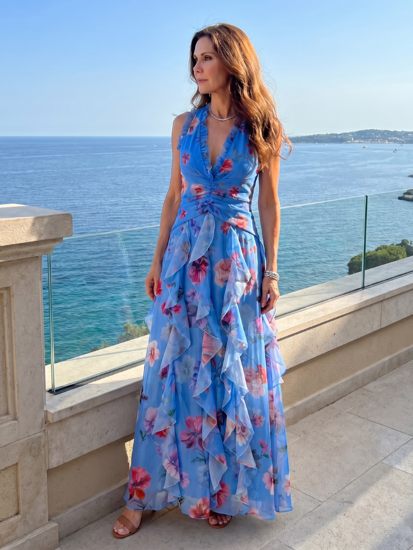 Nori | Abito Maxi Floreale con Scollo All'Americana e Corpetto Arricciato