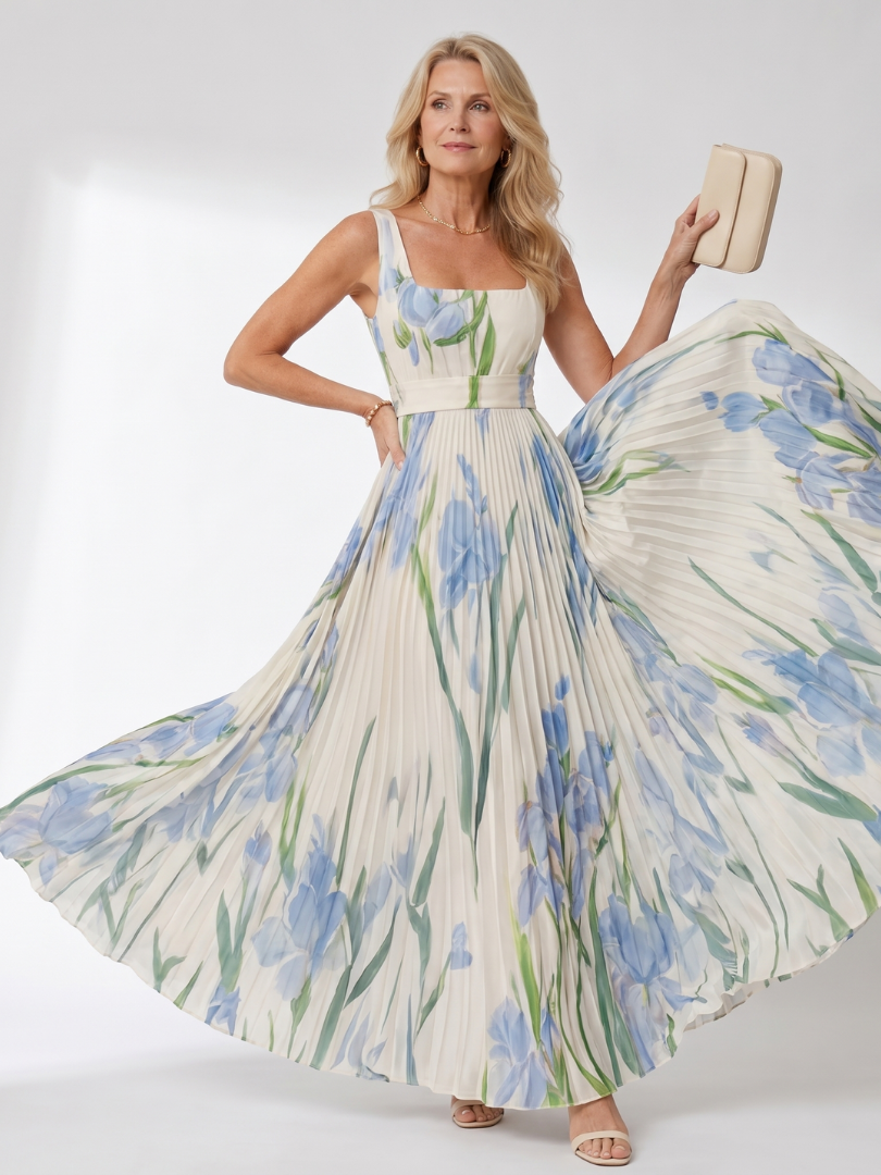 Oriana | Vestito midi senza maniche con scollo quadrato e pieghe