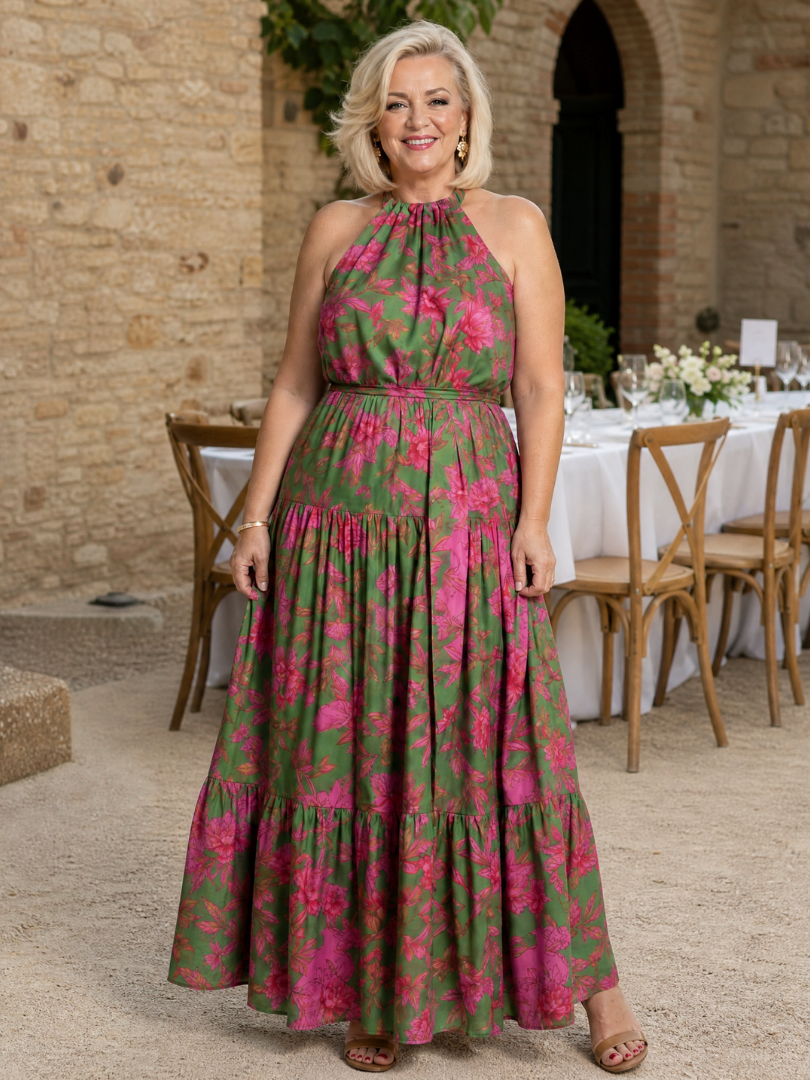 Rosa | Abito midi drappeggiato con scollo halter