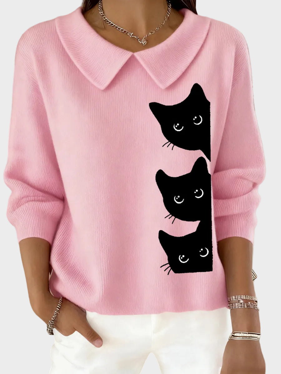 Leslie | Top Donna con Design Divertente di Gatto per Amanti dei Gatti e Collo Baby Doll