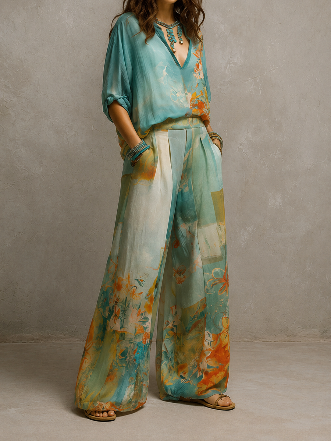 Chiara | Elegante set floreale con pantaloni larghi