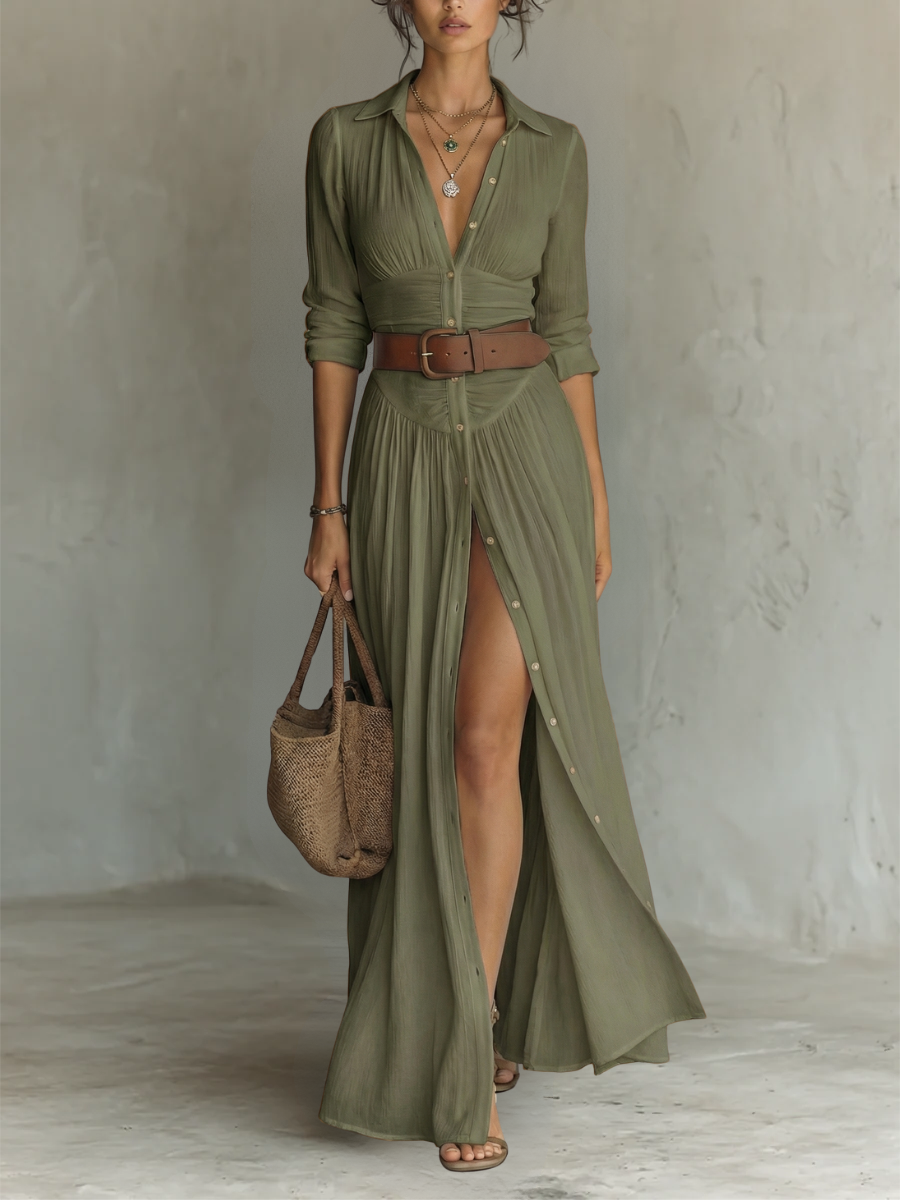 Lana | Abito Maxi Lungo da Donna in Lino con Collo e Maniche Lunghe