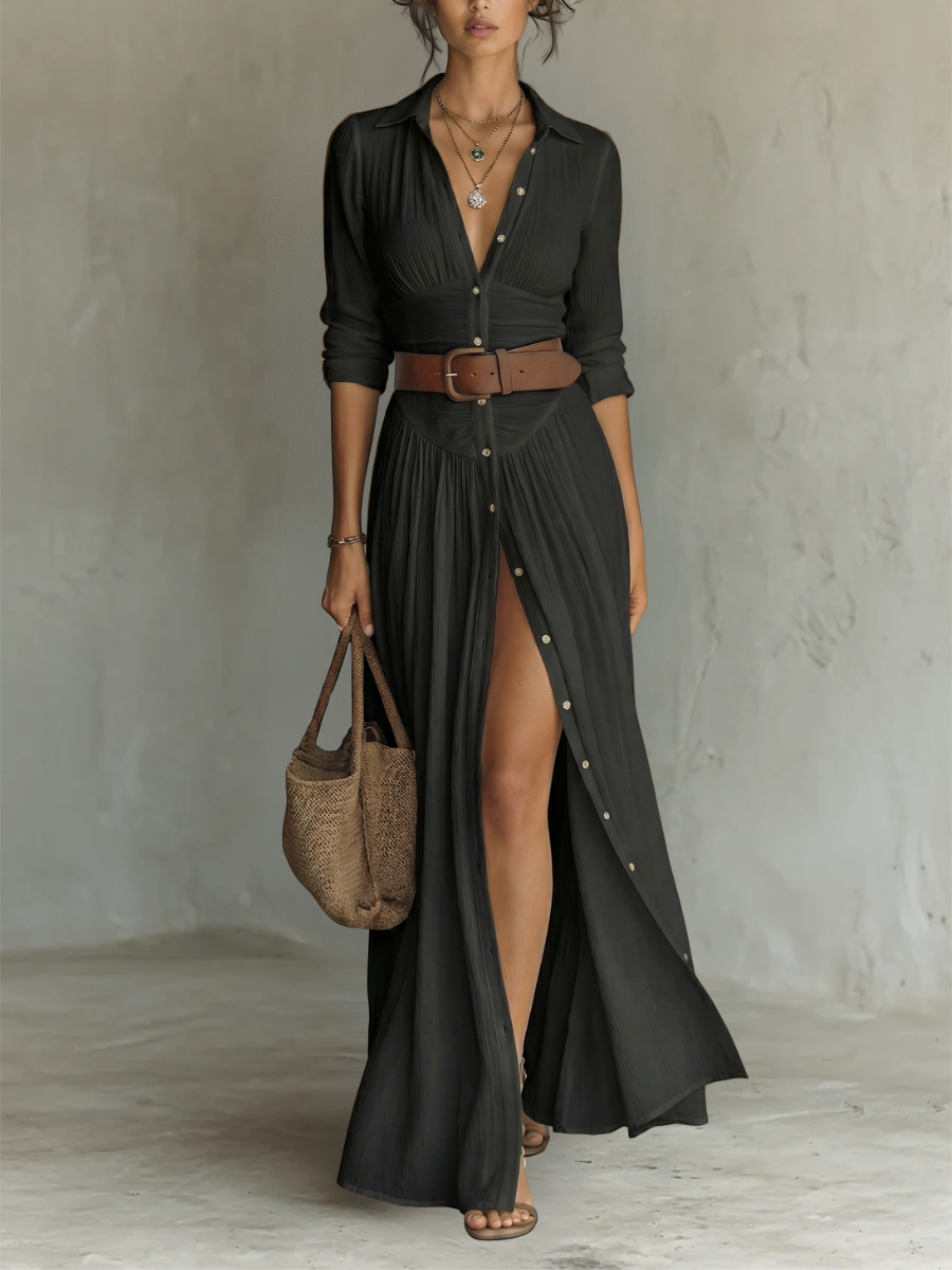 Lana | Abito Maxi Lungo da Donna in Lino con Collo e Maniche Lunghe