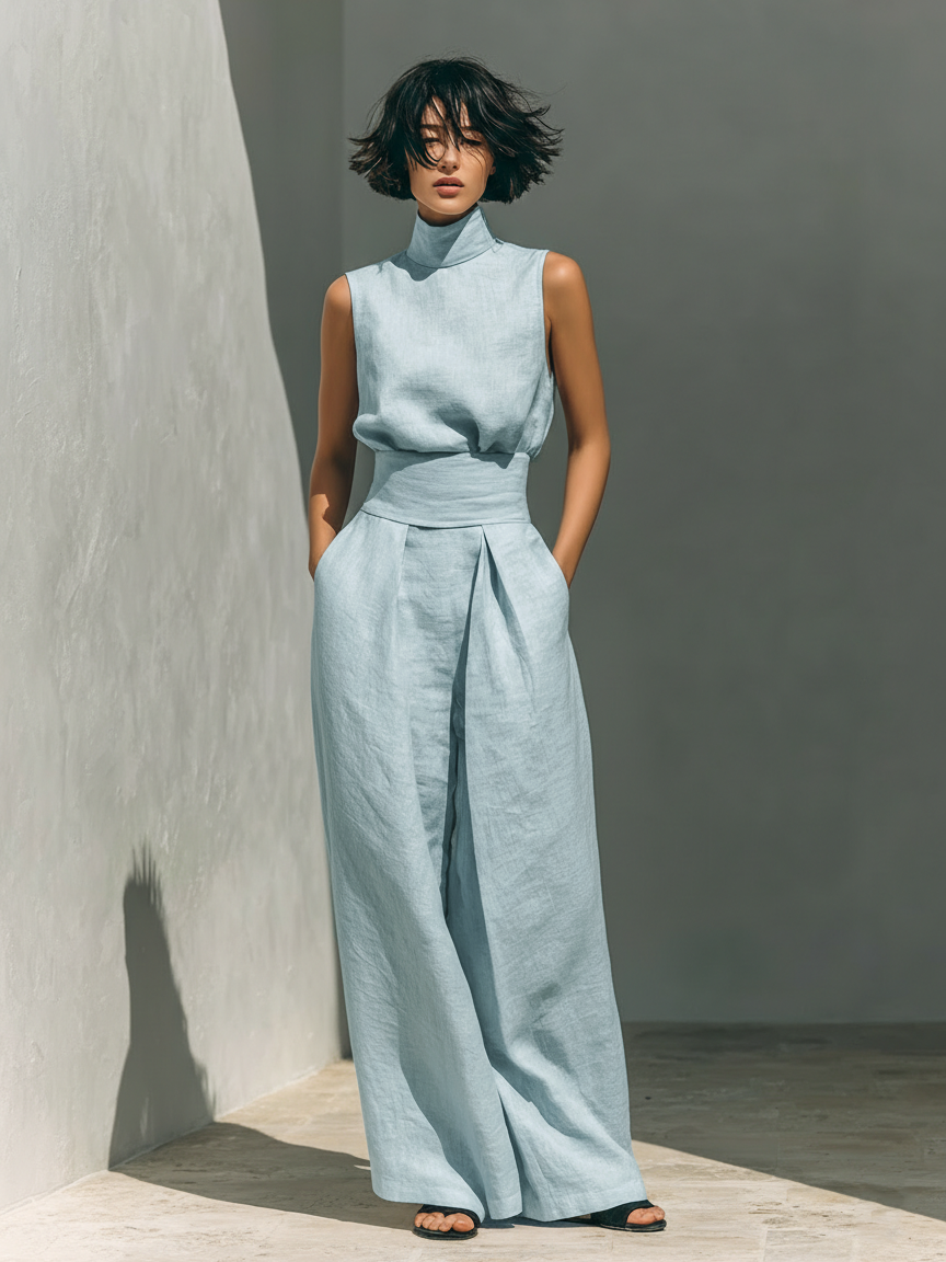 Maria | Set Minimal con Top e Pantaloni Larghi in Cotone e Lino