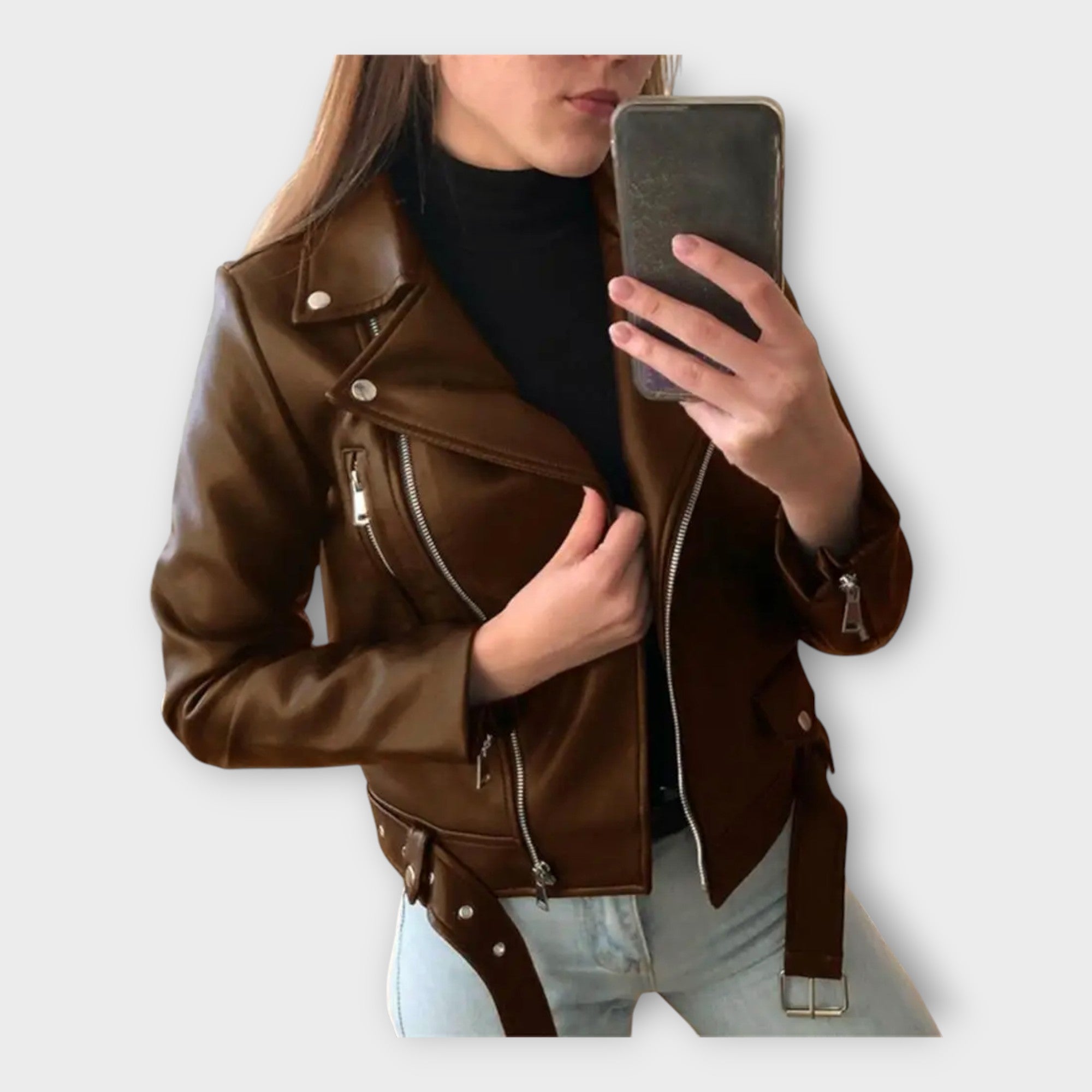 Giacca in Pelle Moderna con Cintura e Zip