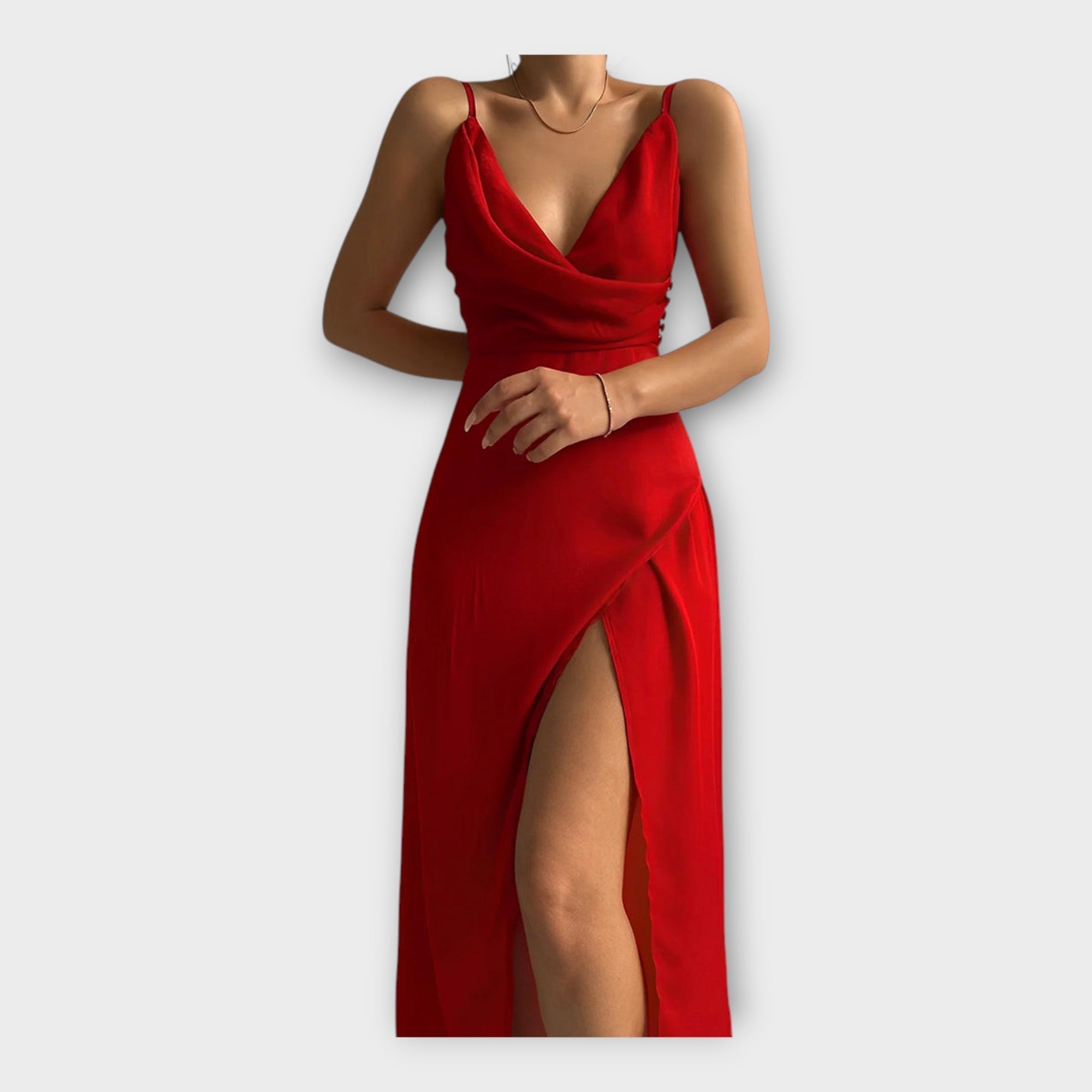 Abito Lungo in Satin con Spacco e Spalline Sottili