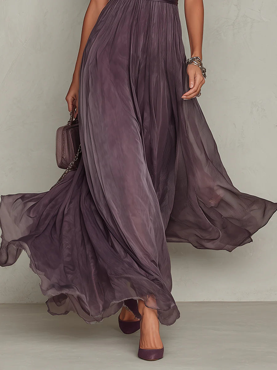 Flavia - Abito lungo viola con scollatura a goccia e dettagli in pizzo chiffon