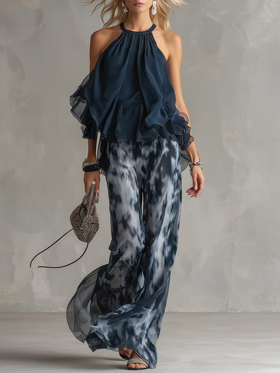 Ludovica | Set Elegante in Chiffon con Top a Collo Alto e Pantaloni Larghi con Stampa