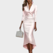 Blanca | Abito da Donna Bianco in Satin con Scollatura a V e Maniche 3/4, Giacca Bodycon Maxi Alto-Basso