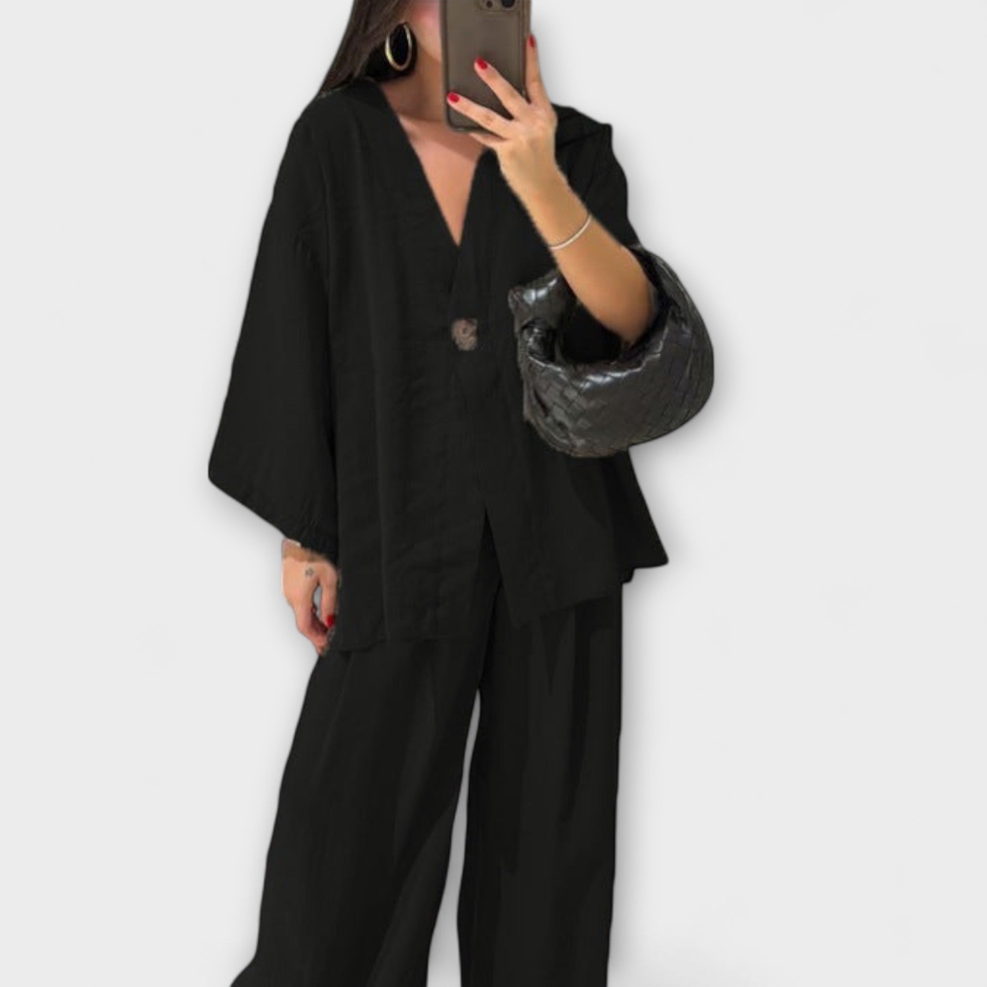 Jacqueline - Top casual con scollo a V e pantaloni coordinati