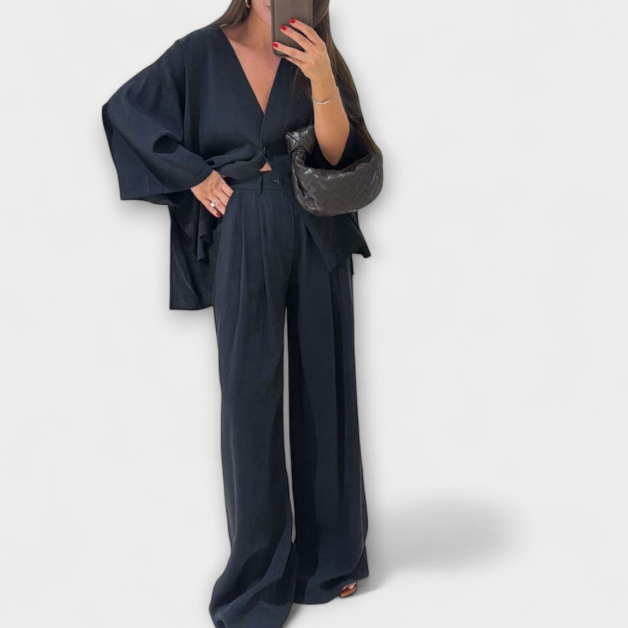 Jacqueline - Top casual con scollo a V e pantaloni coordinati