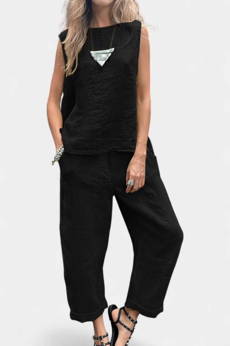 Leona Set Senza Maniche con Gilet e Pantaloni in Cotone e Lino