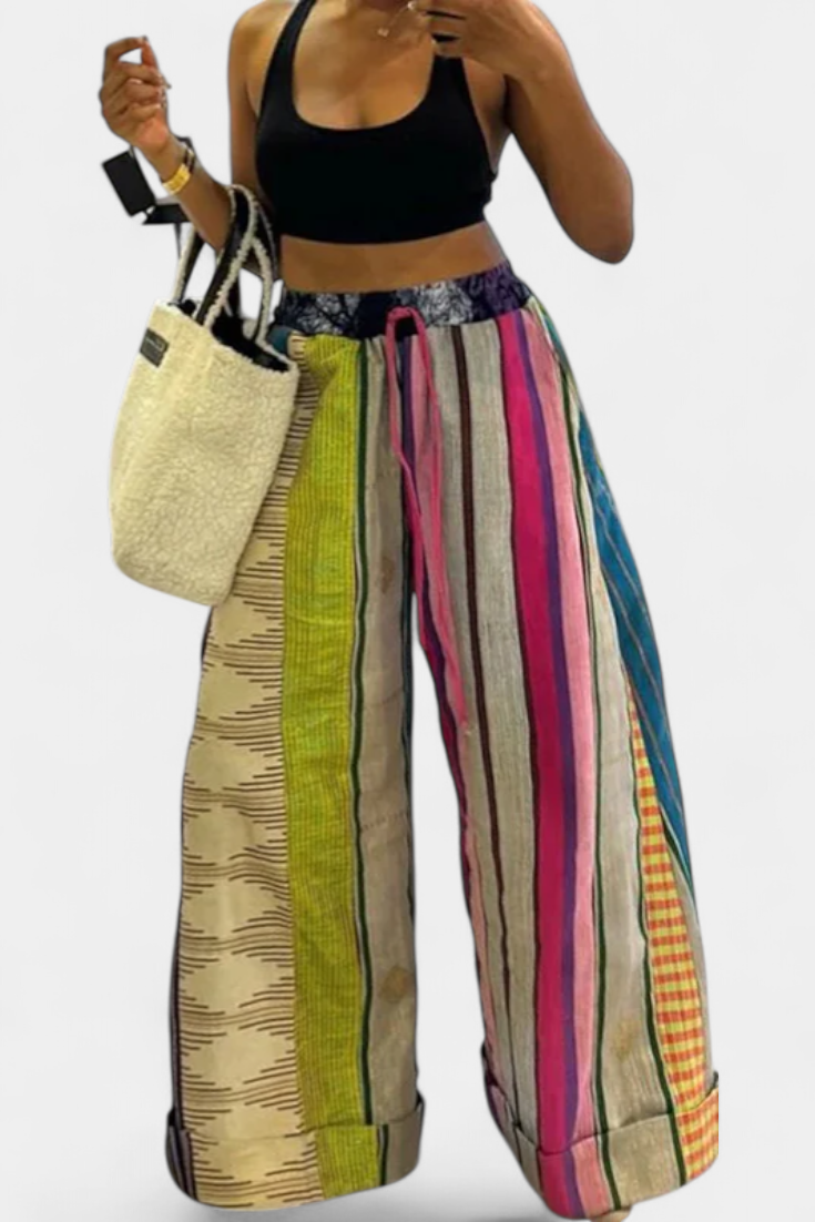 Pantaloni Claudine Casual con Gamba Larga e Motivo a Righe