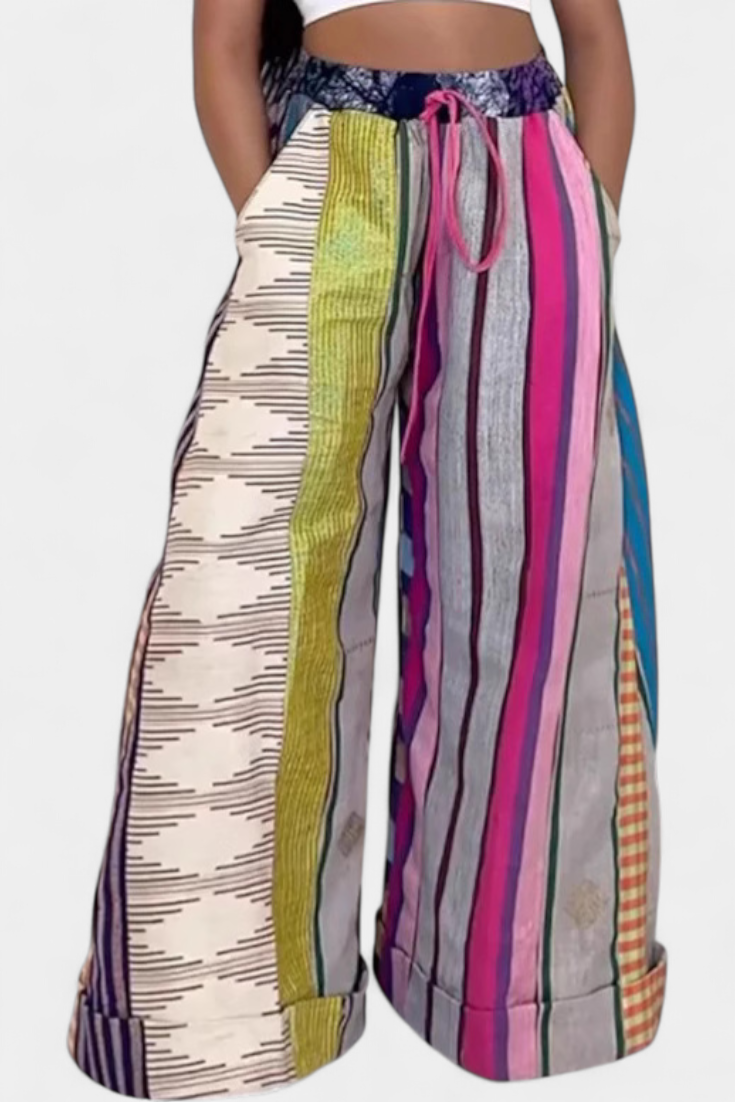 Pantaloni Claudine Casual con Gamba Larga e Motivo a Righe