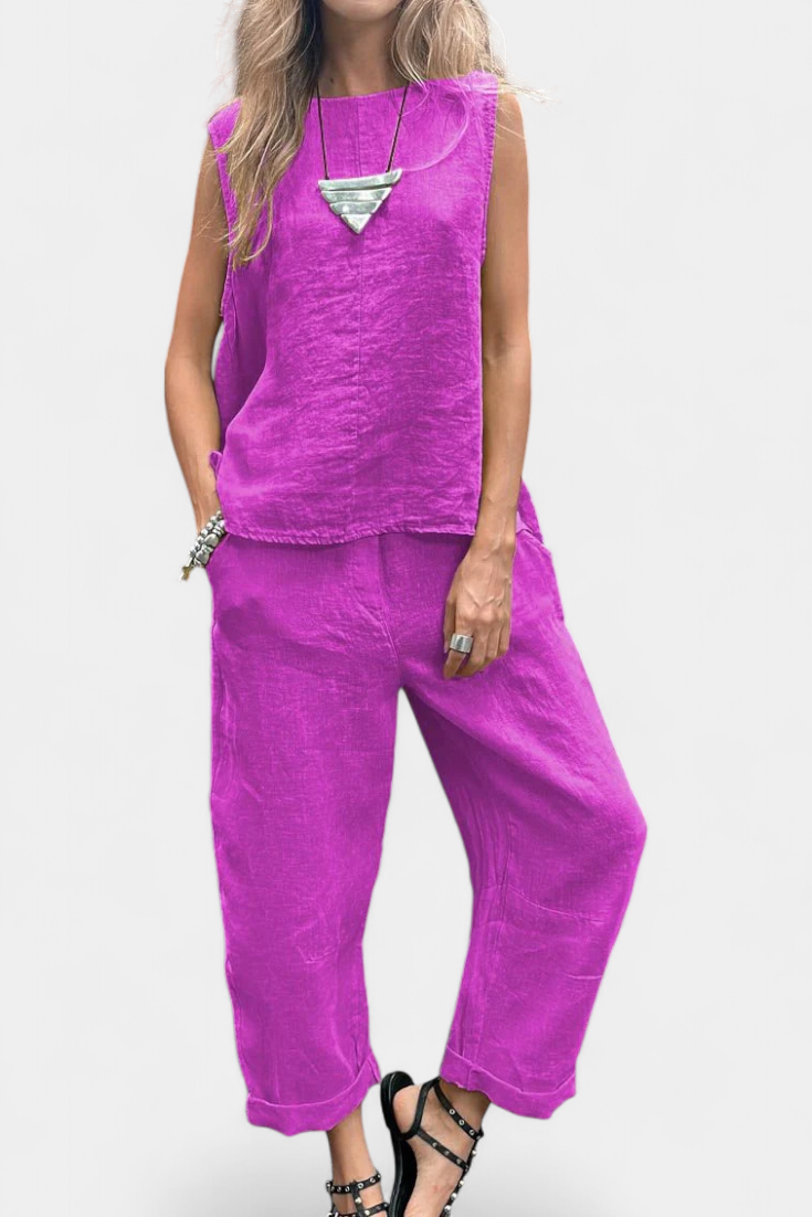 Leona Set Senza Maniche con Gilet e Pantaloni in Cotone e Lino