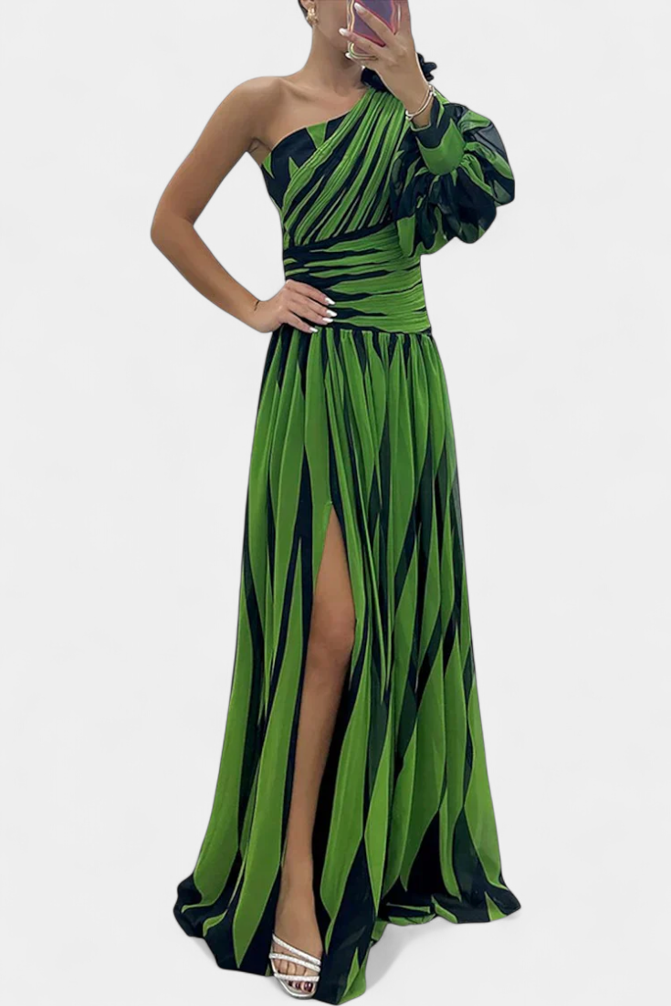 Bethania - Elegante Abito Lungo a Righe con Spalla Scoperta
