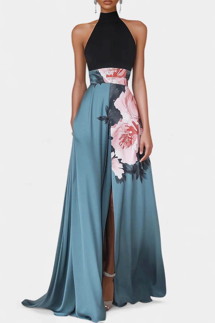 Radmila Abito Floreale A-Line con Corpetto Nero e Gonna Luminoso