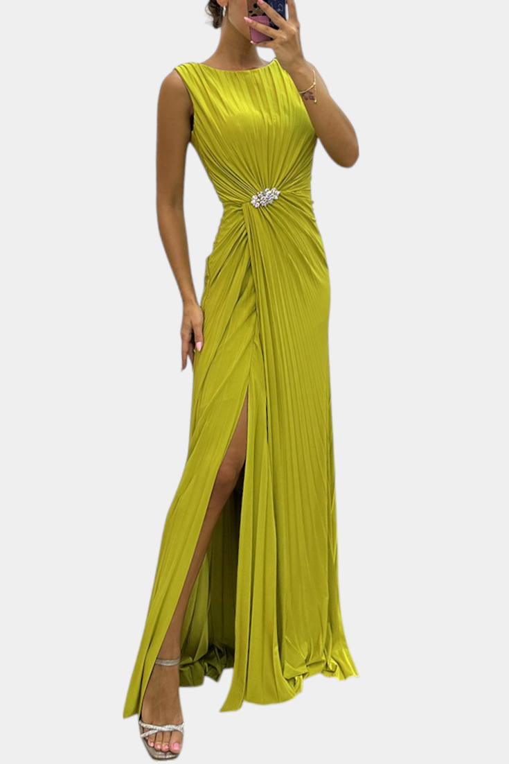 Shiloh Abito Maxi Plissettato con Spacco Laterale e Scollatura Incrociata