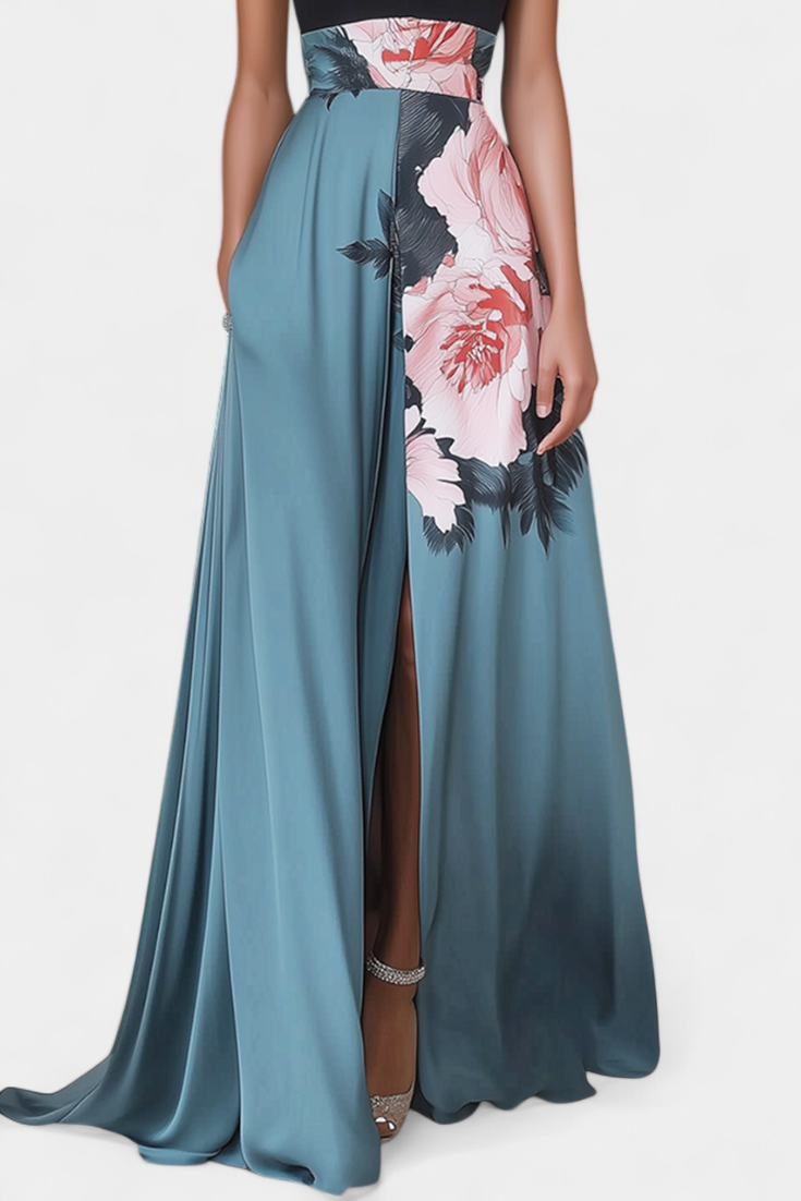 Radmila Abito Floreale A-Line con Corpetto Nero e Gonna Luminoso