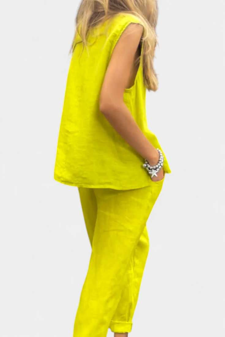 Leona Set Senza Maniche con Gilet e Pantaloni in Cotone e Lino