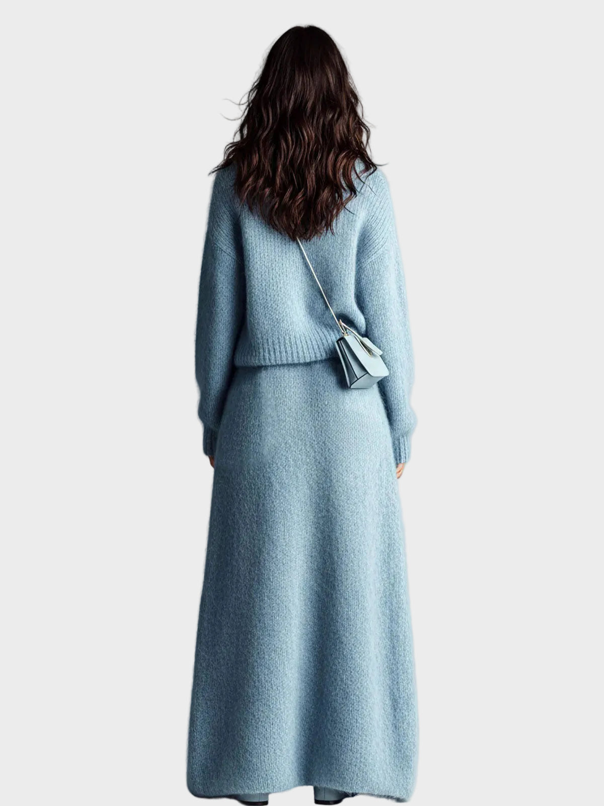 Rosie - Set elegante blu in due pezzi con maglione a collo alto, scollatura a V, maniche lunghe e linea morbida, e gonna maxi con tasca e lavorazione pelosa