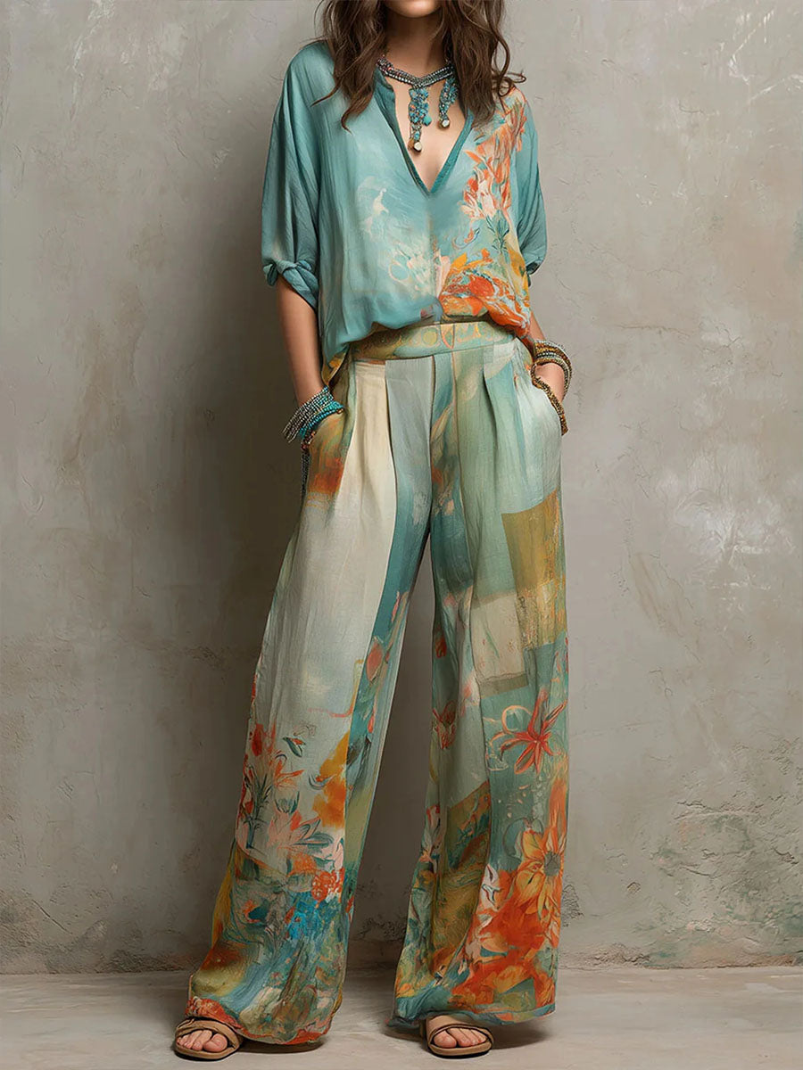 Chiara | Elegante set floreale con pantaloni larghi