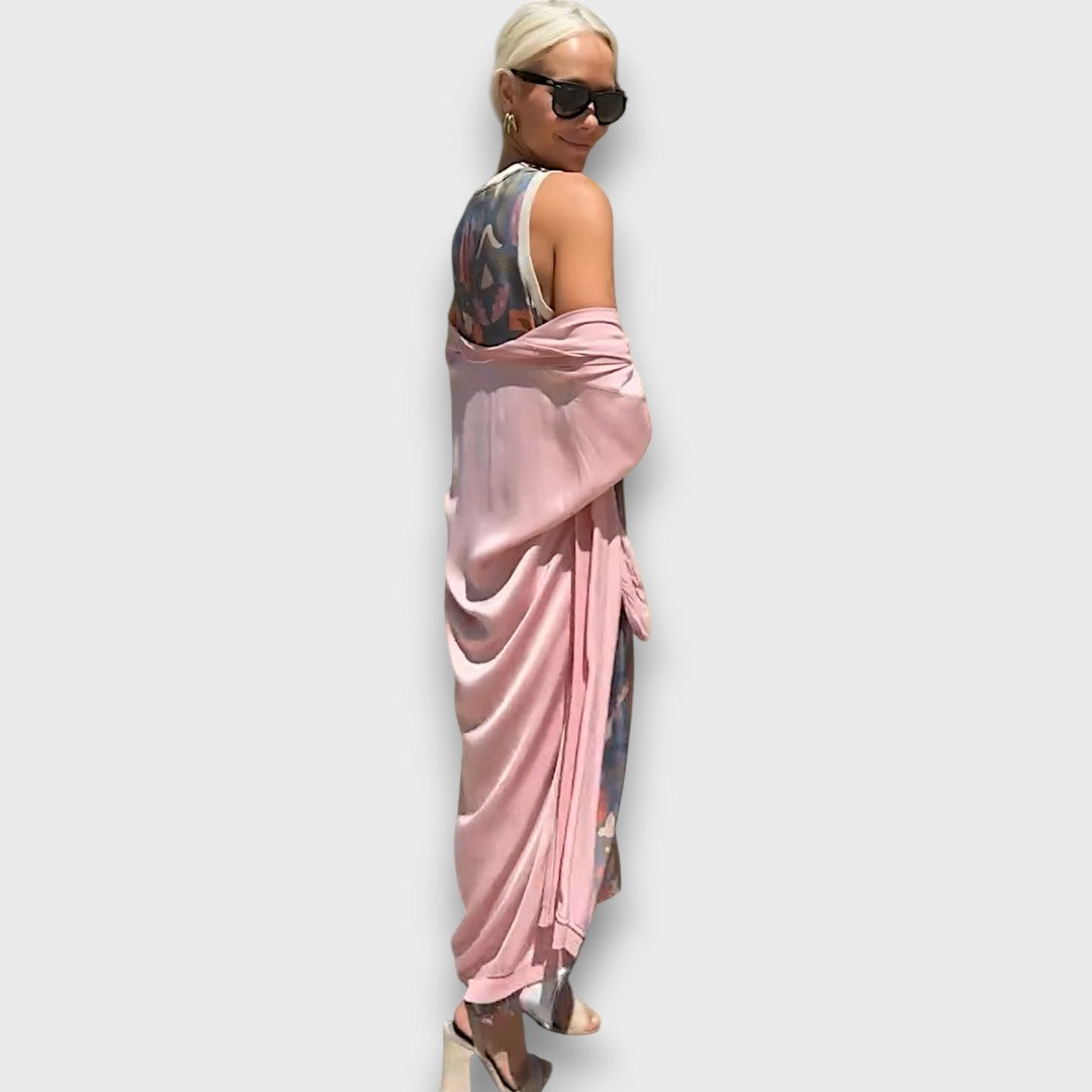 Vestito Lungo con Motivo Floreale e Cardigan Leggero